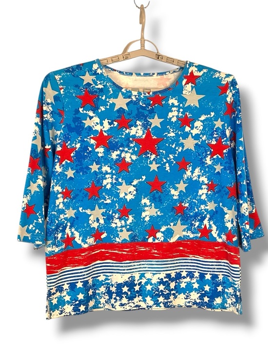 BonWorth Tops - Patriotic Print Top Cotton Blend  3/4 Sleeve Round Neck Red Accent Blue Women L